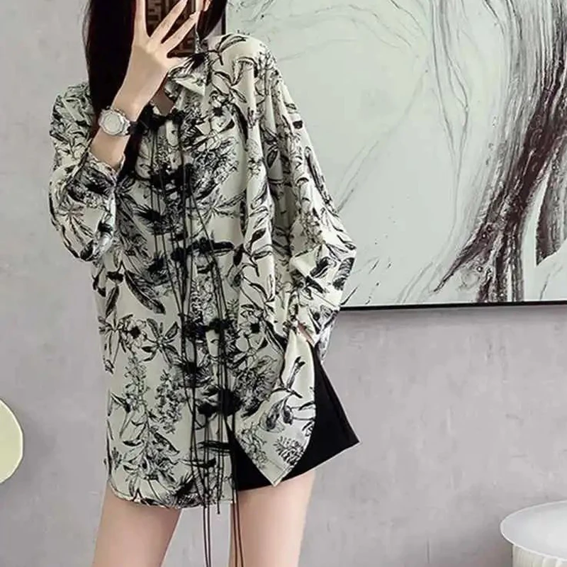 Women\'s Chinese Style Vintage Print Button Up Shirt Harajuku Y2K Oversized Long Sleeve Blouse Female Casual Irregular Tunic Tops