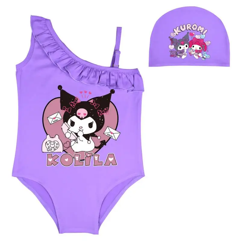 Sanrioed Kuromi Swimwear Kids Cartoon Swimsuit Girl Bikini Swimming Outfit Vacation Skirt Beach Clothes Underwear Quick Dry Gift