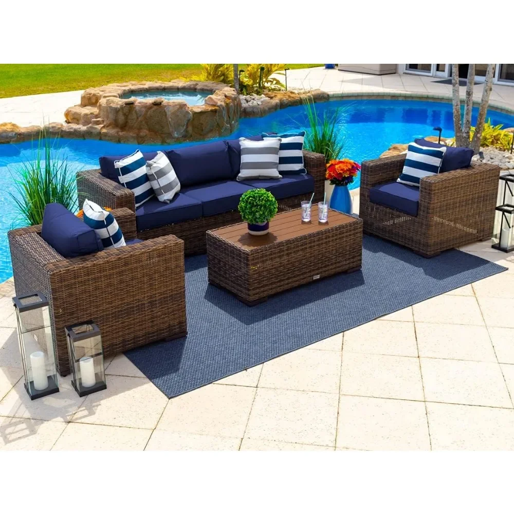 

4-Piece L Resin Wicker Outdoor Patio Furniture Conversation Sofa Set in Three-seat Sofa, Two Armchairs, and Coffee Table