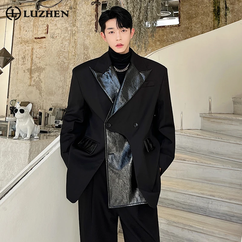 

LUZHEN Elegant Asymmetric Leather Splicing Original Loose Casual Blazer Jacket Men's High Street Trendy Niche Design Coat 64bc30