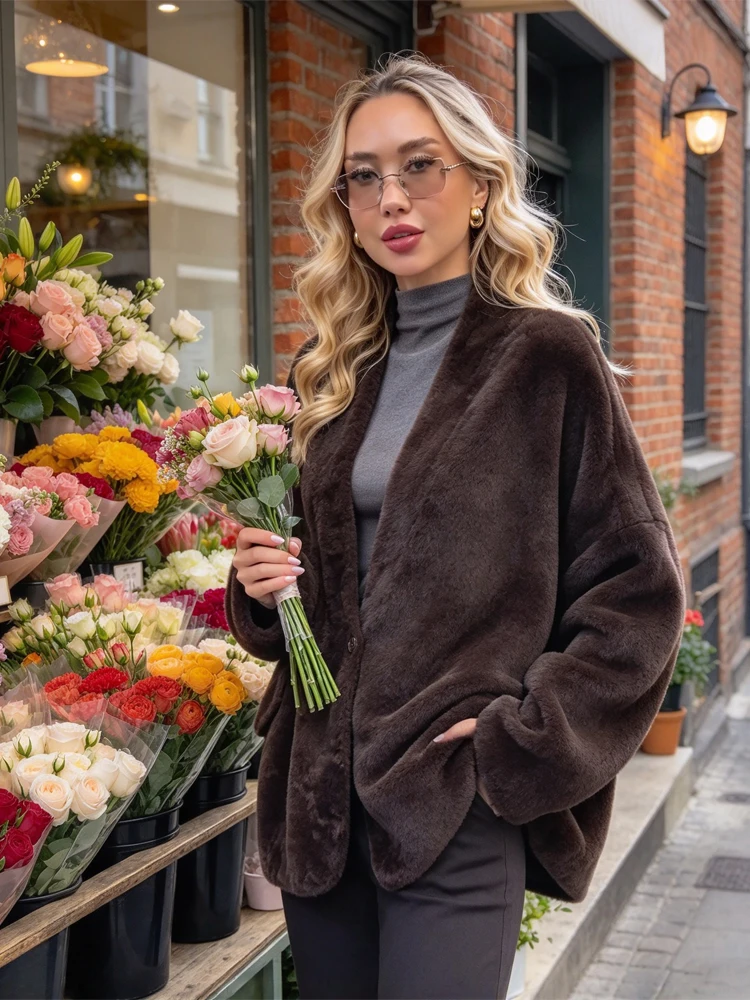 Lady Cozy Brown Faux Fur Jacket Long Sleeve Wide Collar Open Front Pockets Coat Autumn Winter Daily Streetwear Trendy Outerwear