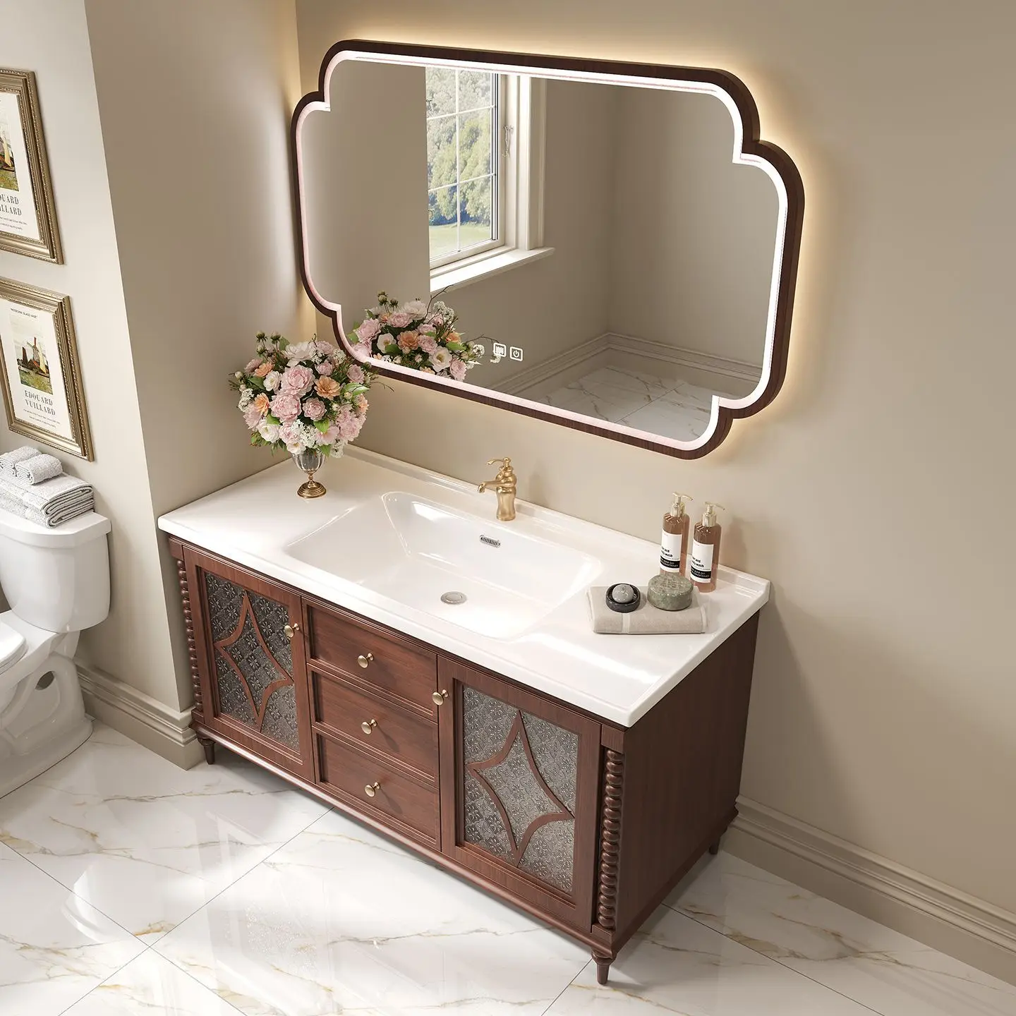 Factory Direct 2026 American medieval style bathroom cabinet combination floor-to-ceiling French retro washbasin toilet washbasi