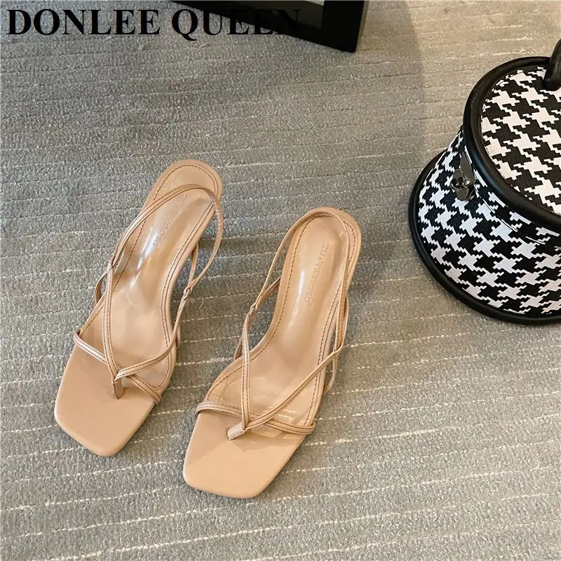 2022 New Summer Square Toe Slingback Sandals Narrow Band Gladiator Shoes Women High Heels Pumps Party Dress Shoes Sandales Mujer