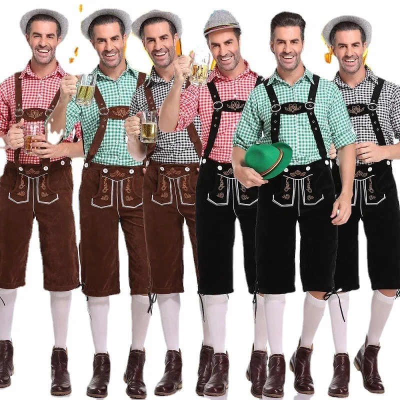 

S-3XL Halloween Germany Munich Men's Oktoberfest Costume Plaid Shirt Overalls Beer Suit