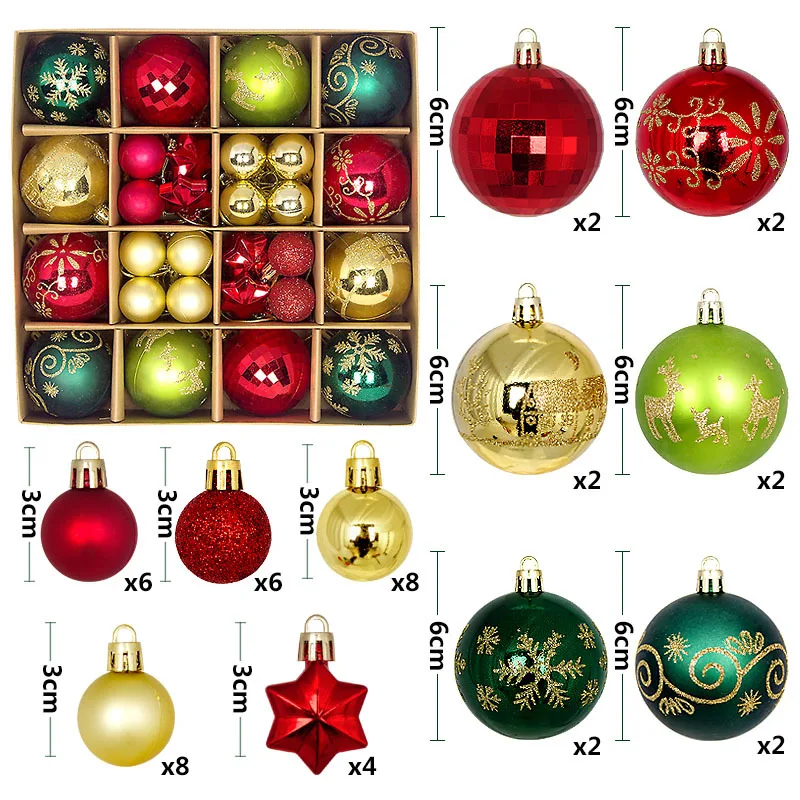 44pcs Mixed Christmas Ball Ornament Red White Gold Xmas Tree Hanging Bauble Pendants Christmas Decoration For Home Party Navidad