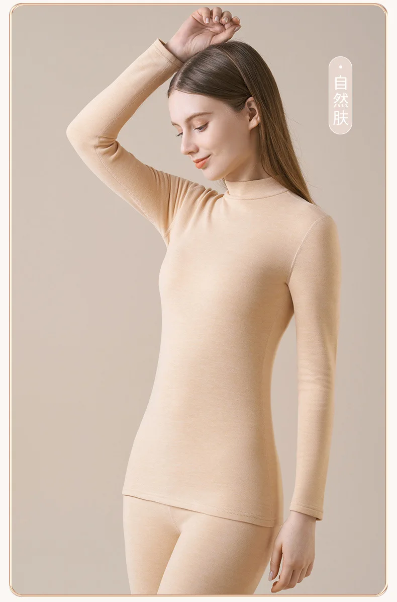 Damen-Thermo-Unterwäsche aus Kaschmirseide, Thermoshirts, warme Hosen, verdickte, einfarbige, halbrollkragenartige Oberteile, langärmlige Winterkleidung. – Detail 13