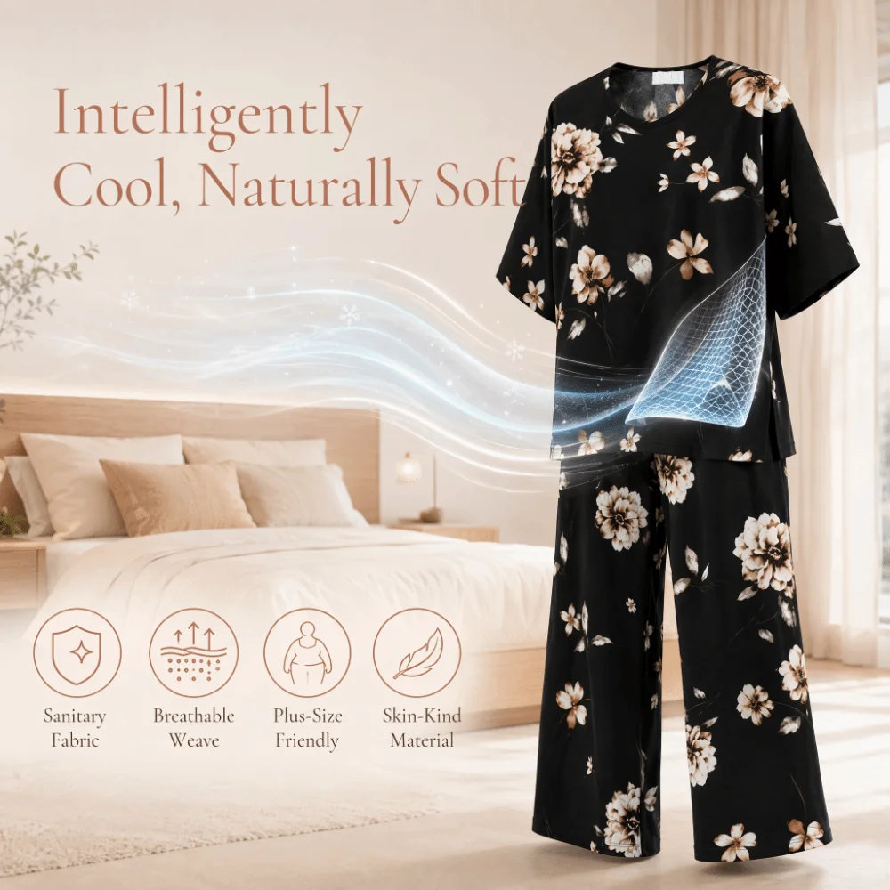 Soft Ice Silk Cotton Pajamas Set Floral Printed Loose Sleepwear Suit Thin Antibacterial Short Sleeve Pajamas Middle Aged Mom