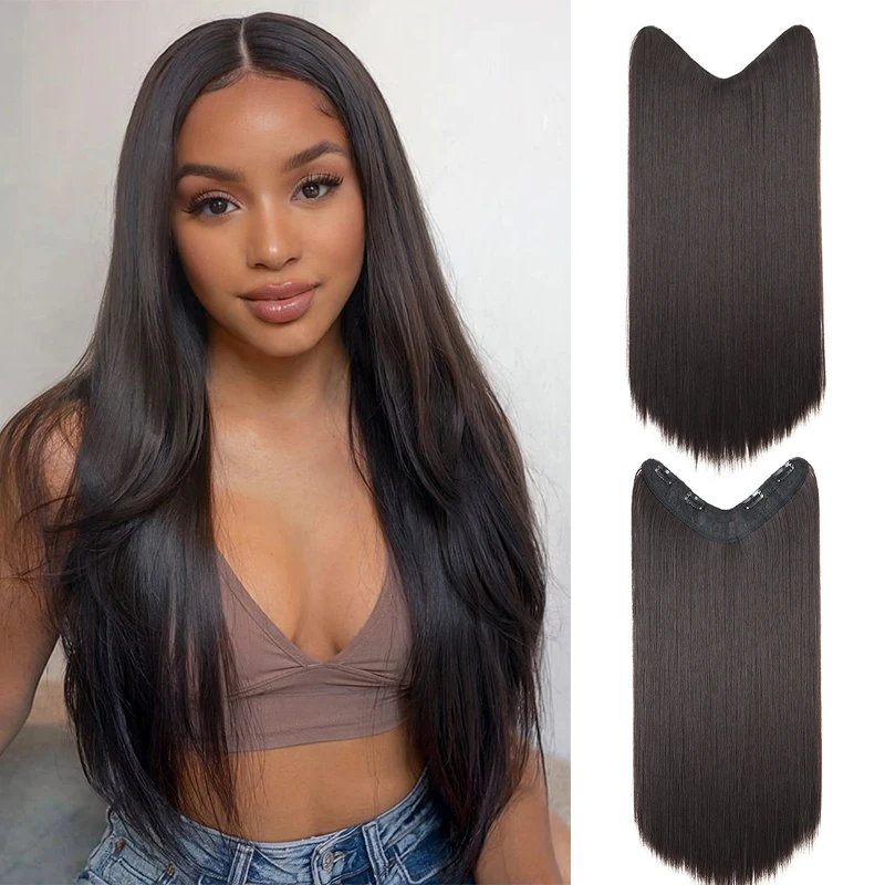 Long V Straight Clip Hair Piece Extension 24'' Clip in Hair Pieces Extensions Synthetic Natural Straight Hairpieces for Women