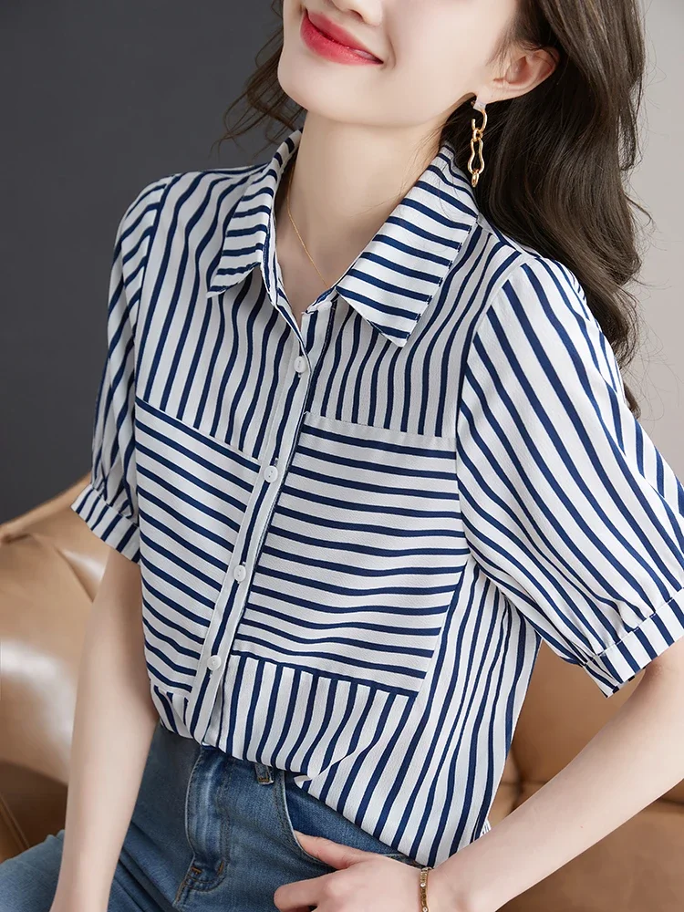 Camisa a rayas Vintage de gasa para mujer, ropa coreana estampada, Tops sueltos de manga corta, blusas con cuello de Polo para mujer