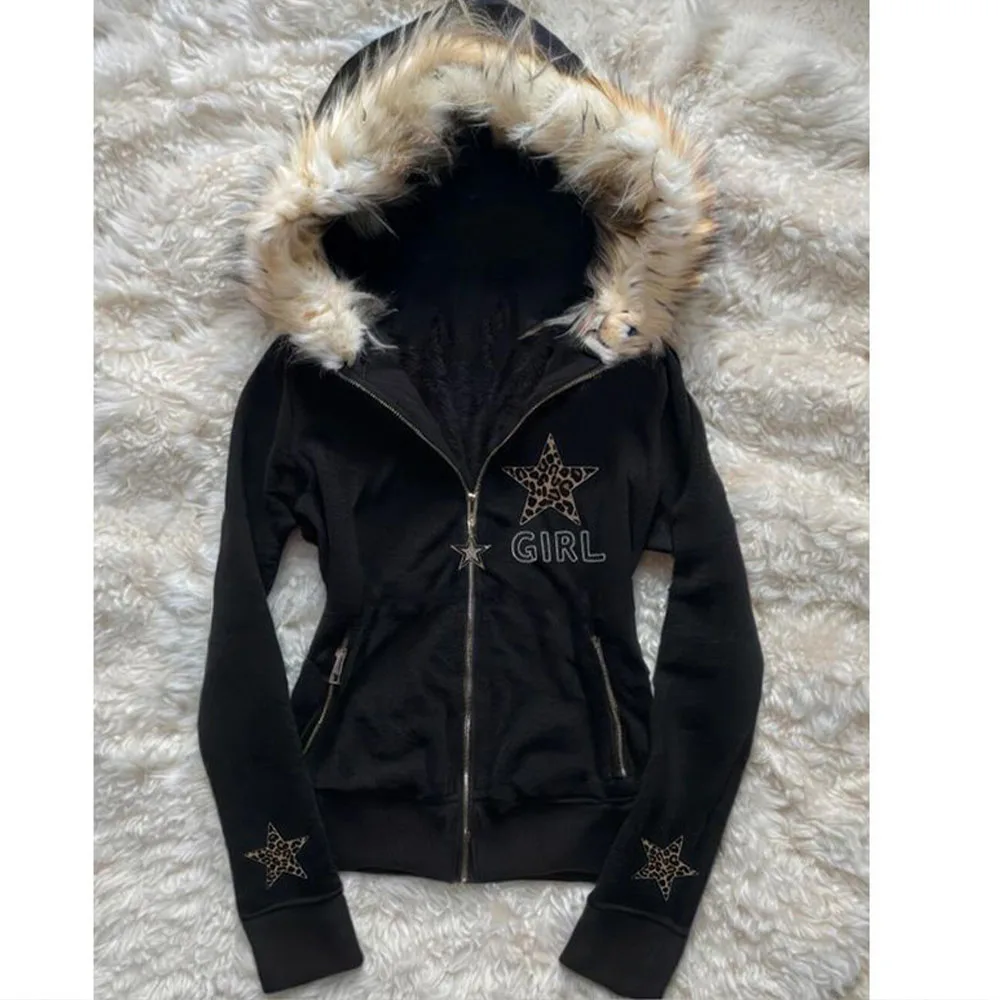 New Model Women's Y2K Harajuku Faux Fur Collar Jacket 2000S Harajuku Streetwear Hooded Jacket Women's Printed Zipper Sweatshirt