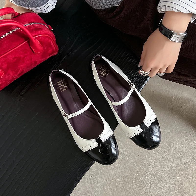 MKKHOU Fashion Women's Shoes New High Quality Genuine Leather Color blocked Retro Mary Janes Shoes Low Heel Leather Shoes Women