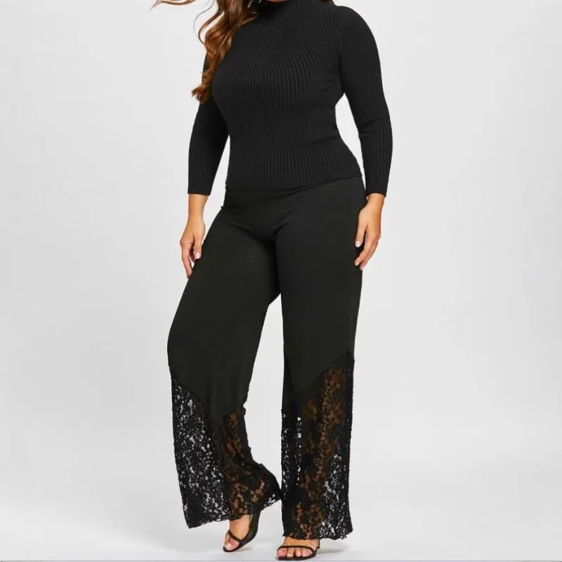 Women New Loose Comfortable Elegant Leisure Fashion Simple Niche Pure Color High Waist Draped Throat Thin Lace Wide-legged Pants