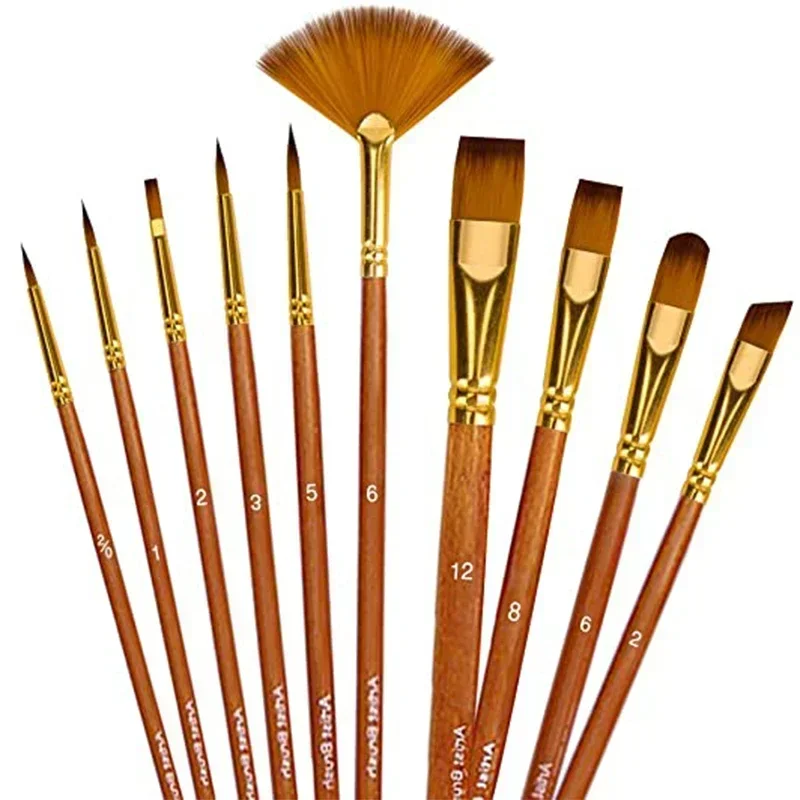 Pincel de pelo de nailon para pintura acrílica al óleo, conjunto de pinceles de varilla corta para varios estilos, suministros de arte Gouache para acuarela, color marrón, 10 piezas