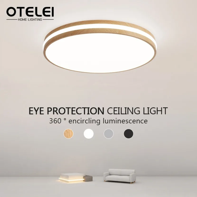 New Ceiling Light Minimalist Circular Wood Grain Room Decor Lamp Macaron Bedroom Living Room Kitchen Dimmable LED Ceiling Lights