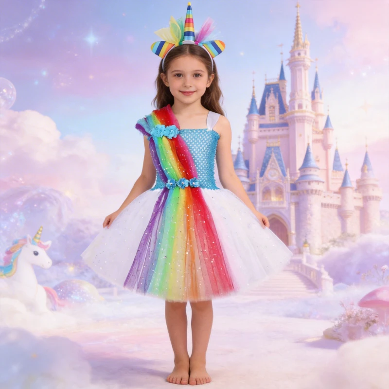 

Unicorn Rainbow Pony Stage Costume for Baby Girls Kids Tutu Dress Children Birthday Party Christmas Halloween Festival Outfit