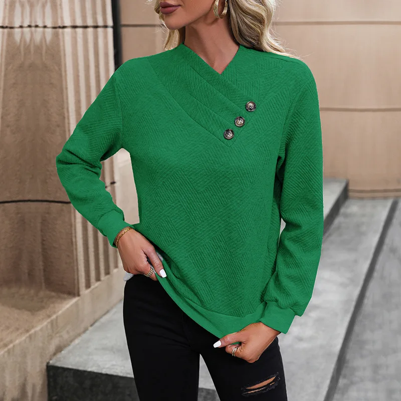 New Autumn Casual Top with V-neck Long Sleeved Jacquard Solid Color Hoodie for Women