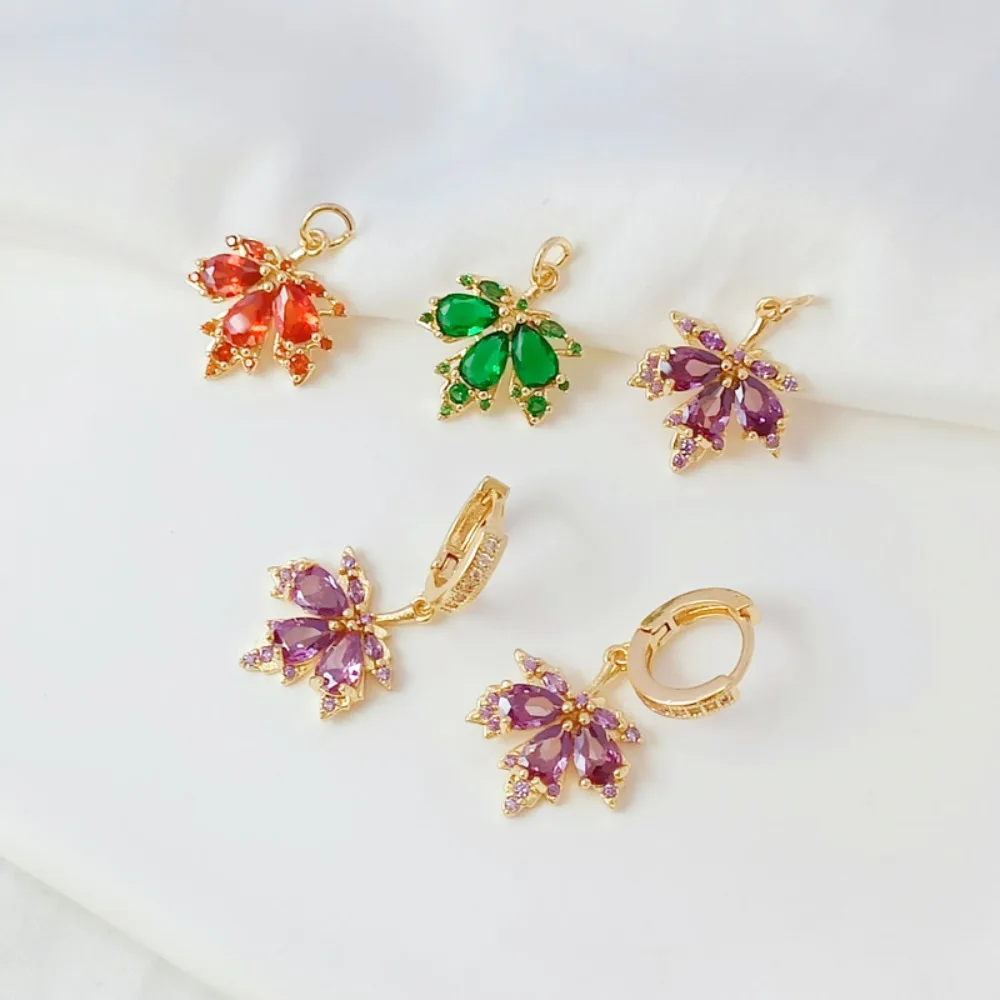 

14-каратное позолоченное микроинкрустированное цирконом, красный, зеленый и фиолетовый кулон в виде кленового листа, серьги ручной работы, подвеска-ожерелье