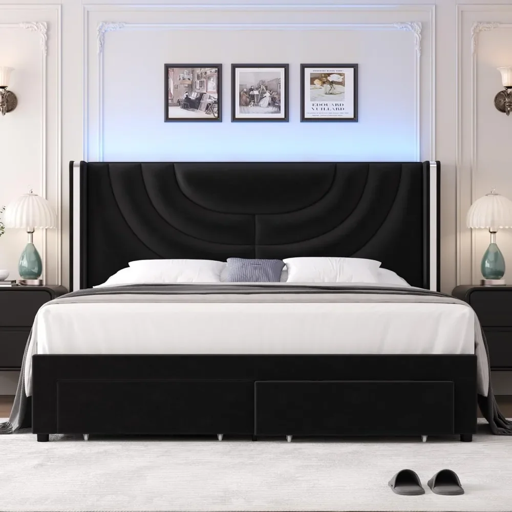 King-Estofados LED Cama Quadro, 2 Gavetas De Armazenamento, Plataforma De Veludo, Wingback Cabeceira, Sólida Suporte De Slats De Madeira