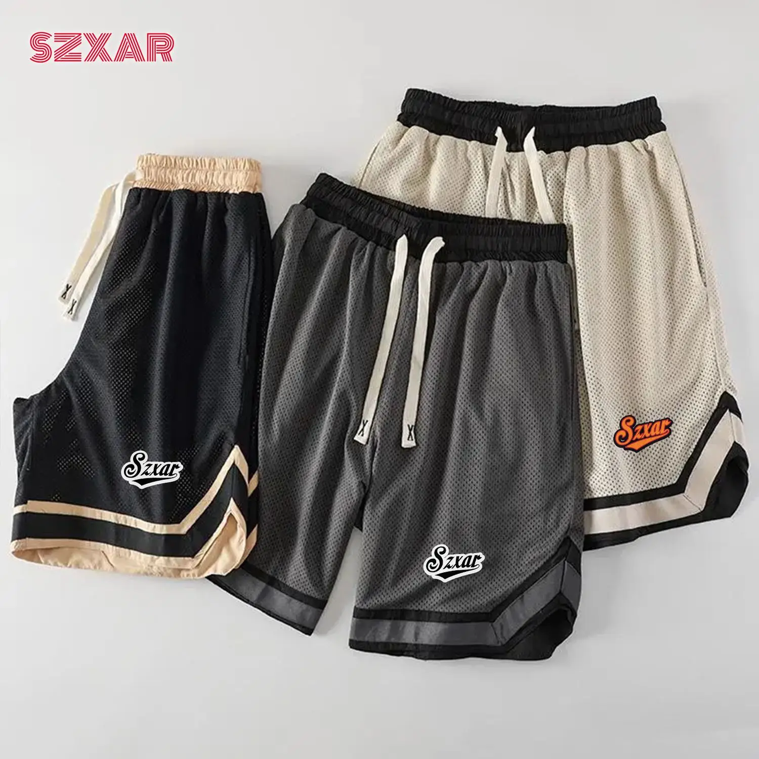 SZXAR American Mesh Breathable Basketball Shorts Men's Summer Large Size Sports Casual High Street Style Drawstring Five-Quar...