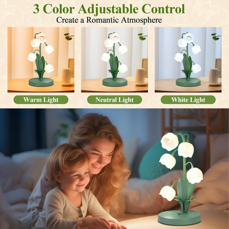 Lâmpada de mesa floral vintage para casa, 5 lily Nightstand Lamp, 3 padrões de cores com lâmpadas led G4 para quartos, salas