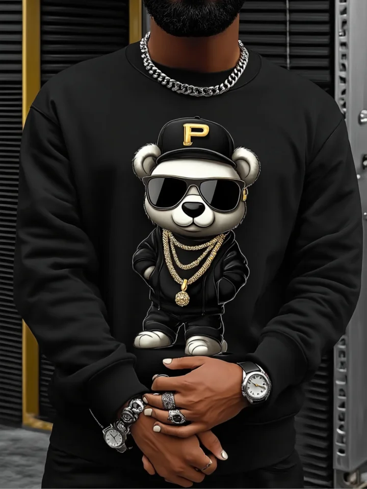 Men's Black Cool Bear Pattern Long Sleeve Sweater