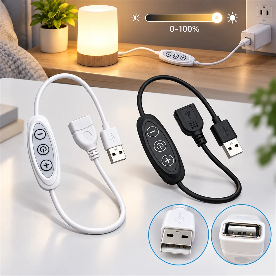 Portable 3 Key USB Dimmer Switch 5V 2A 8 Level Dimming Controller Inline Controller LED Light Adjustable Brightness 0~100%