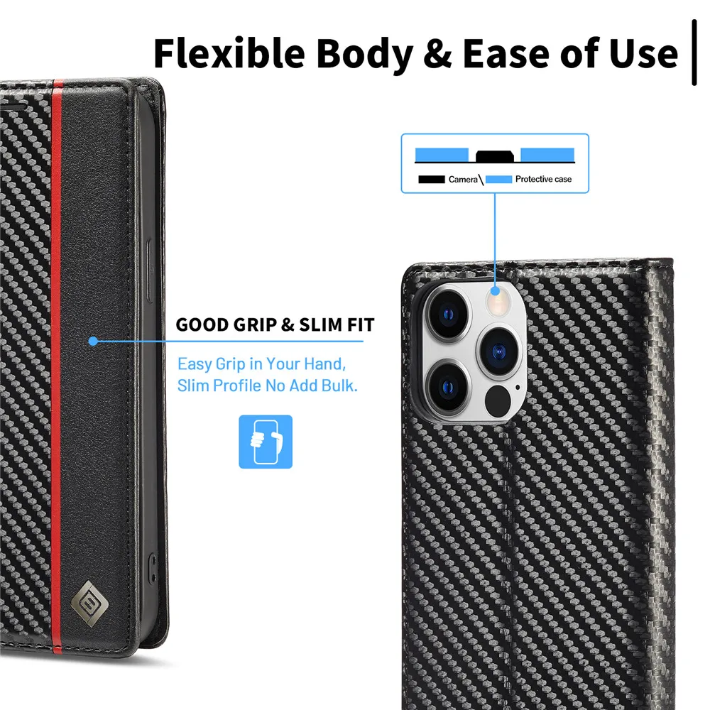 Carbon Fiber PU Leather Case for iPhone 15 16 Pro 14 13 12 11 XS Max XR 8 7 Plus SE 2022 Mini Wallet Card Slot Flip Phone Cover