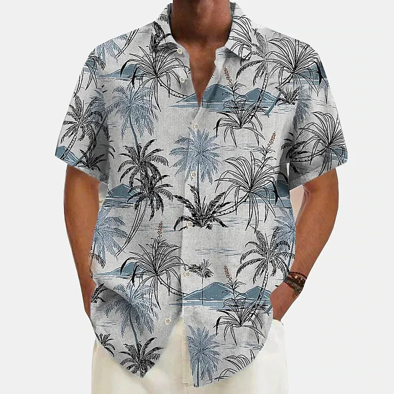 Camicia hawaiana da uomo con stampa di palme Camicie casual estive a maniche corte con risvolto Abbigliamento oversize da viaggio all'aperto maschile