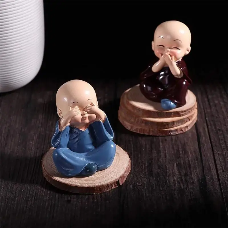 4pcs Cute Monk Resin Crafts Mini  Statue Set Creative Desktop Decor for Car Home Office Zen Space Ornaments