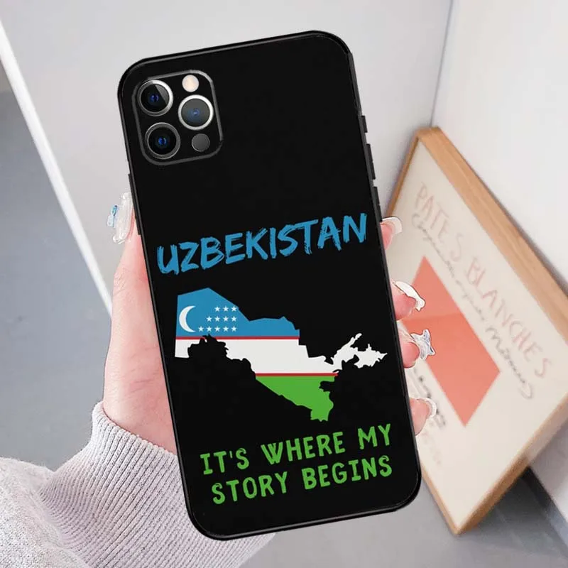 Emblem of Uzbekistan National Flag Funda Case For iPhone 11 12 13 14 15 Pro Max Plus Mini X XR XS Max SE 2020 2022 7 8 Cover