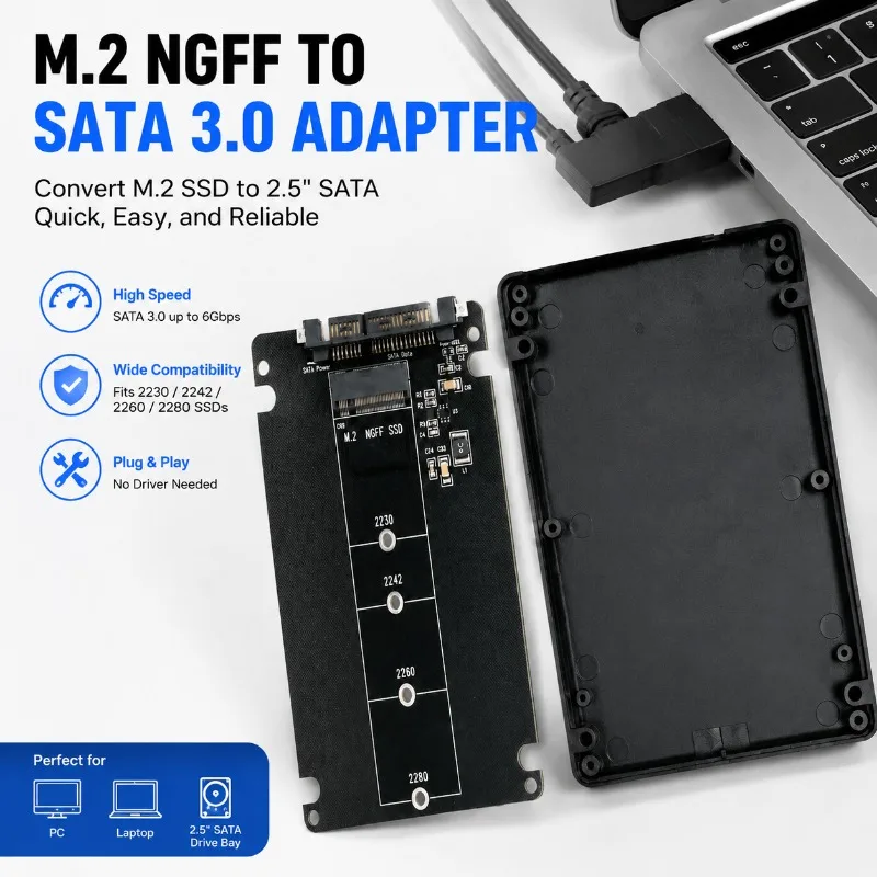 M.2 NGFF to SATA 3.0 Adapter Card for 2230 2242 2260 2280 SSD, Key B+M Converter Board with Enclosure, No Driver Needed