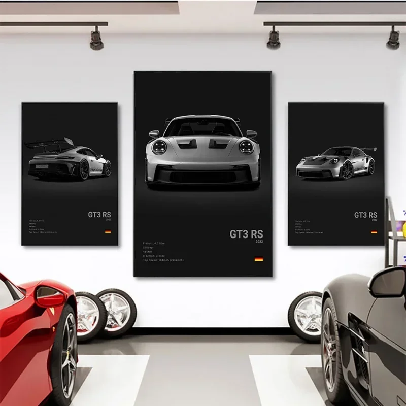 Pintura en lienzo sin marco, 911 GT3 RS Turbo HD, impresión en lienzo, póster de coche deportivo de lujo alemán en blanco y negro, arte de pared, 1 ud.