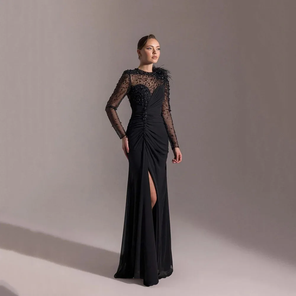 

Customized Black O-Neck Long Evening Dresses Elegant Formal Occasion Prom Gowns Bead Crystal 2025 Floor Length Prom Dresses