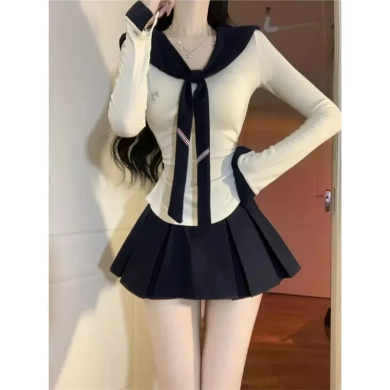 Slim Fit Long Sleeve T-Shirt Skirt Set College Style Jk Uniform High Waist Pleated Half Skirt Three Piece Women's Spicy Autum...