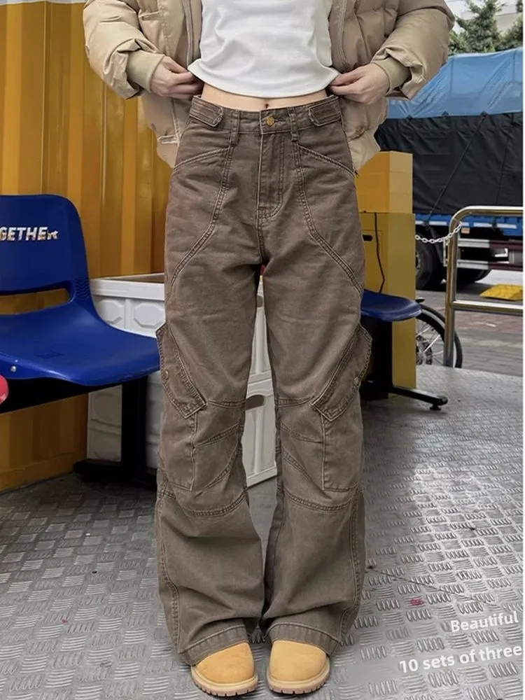 

Американские ретро-брюки унисекс с регулируемой талией, коричневые, прямые, для работы, повседневные, широкие, в уличном стиле, для пар, длинные, модные