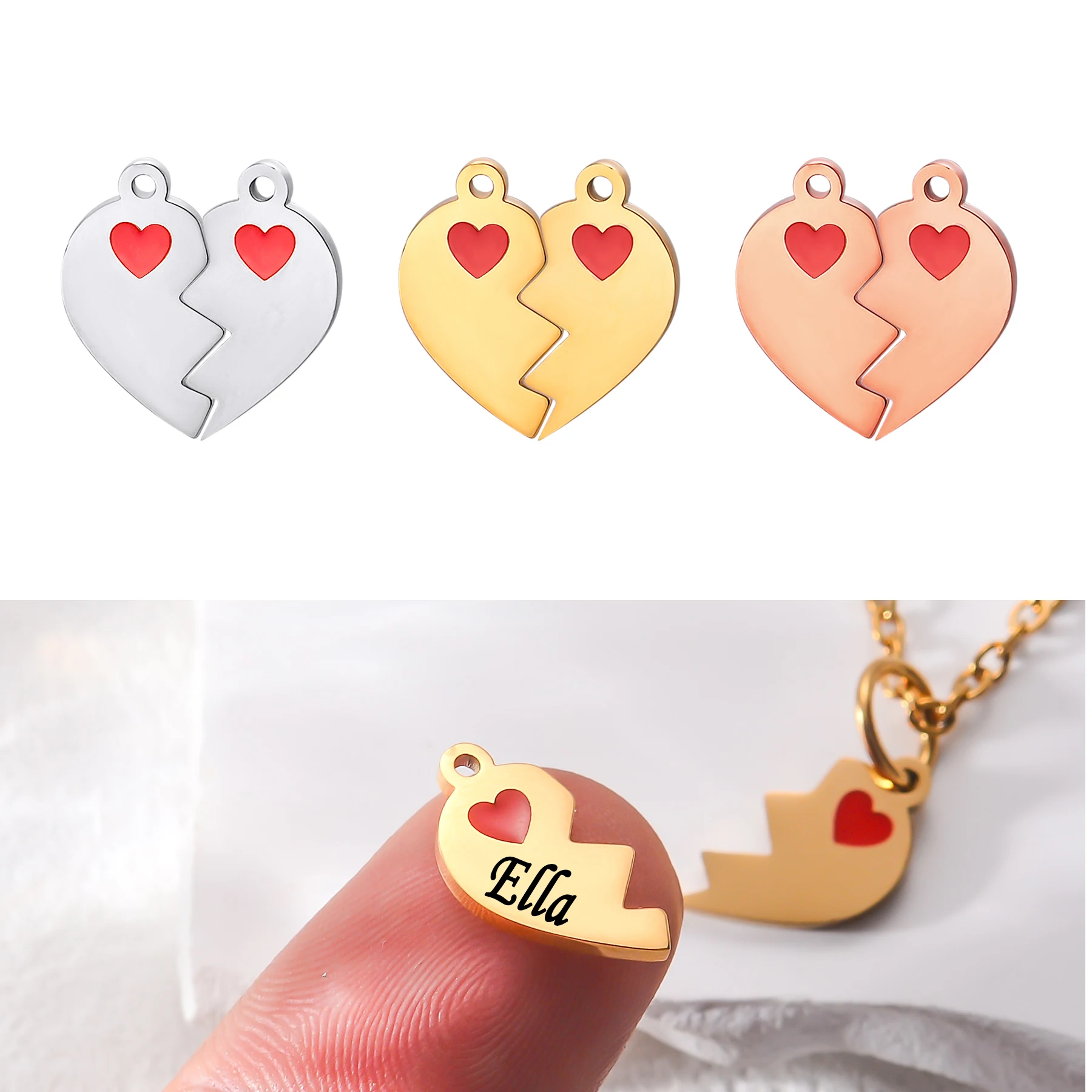

2pcs Heart Charms Stainless Steel Splicing Pendant Necklace for Besties, Customizable Friendship Jewelry, Ideal BFF Gift