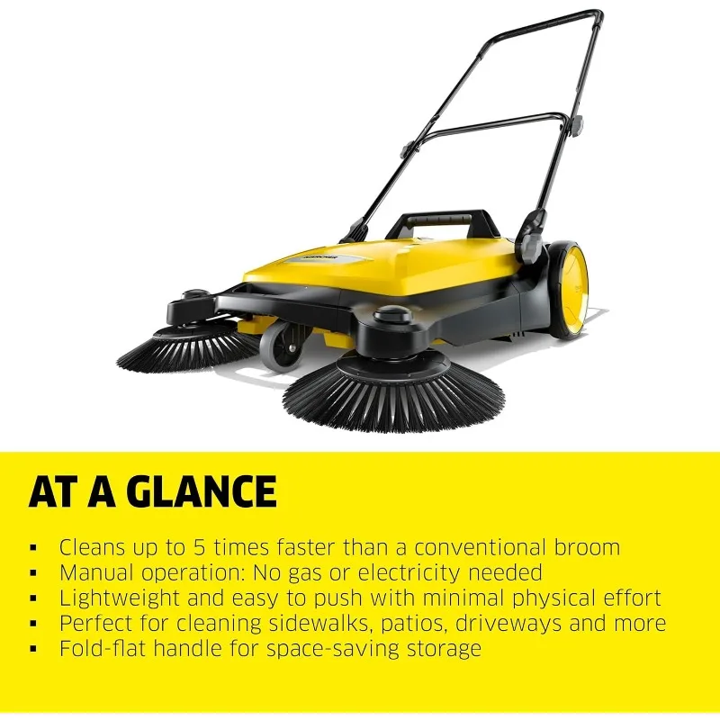 Kärcher - S 4 트윈 워크-비하인드 실외 핸드 푸시 스위퍼 - 26.8" 청소 폭 - 최대 26,000ft²/시간까지 청소, 노란색