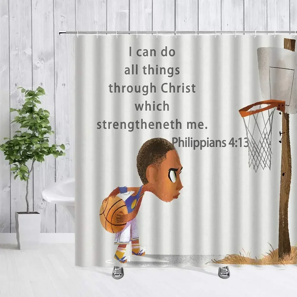 Inspirational Motto Decor Kid Holding Basketball Hoop Bible Backdrop,Polyester Bathroom Set Curtains