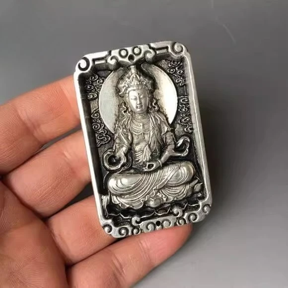 Old Chinese Tibet silver hand-carved two-sided Guan Yu amulet pendant