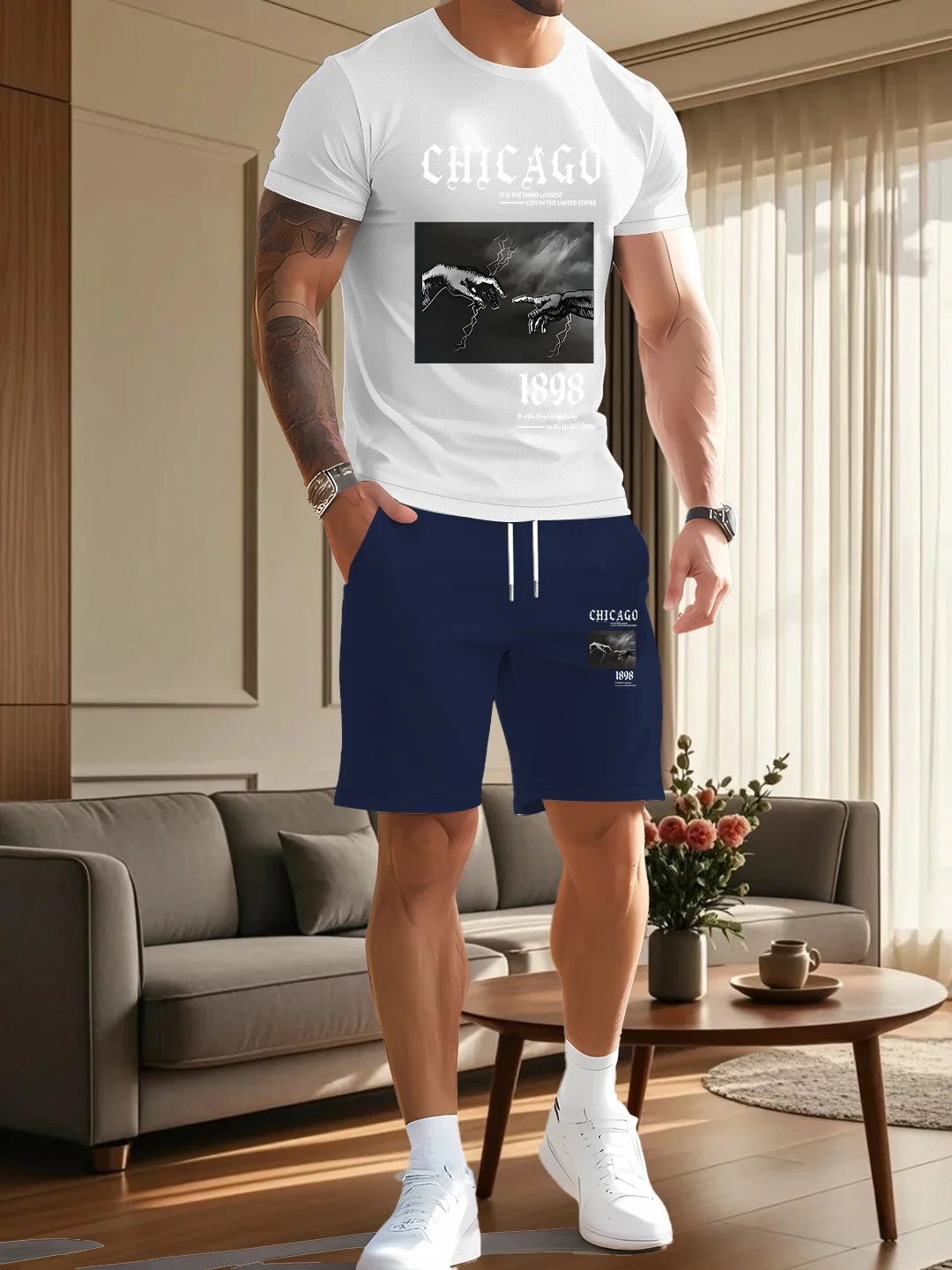 

Men's two-piece fashionable casual wear: spring and summer short sleeved T-shirt and drawstring shorts, men's printed clothing