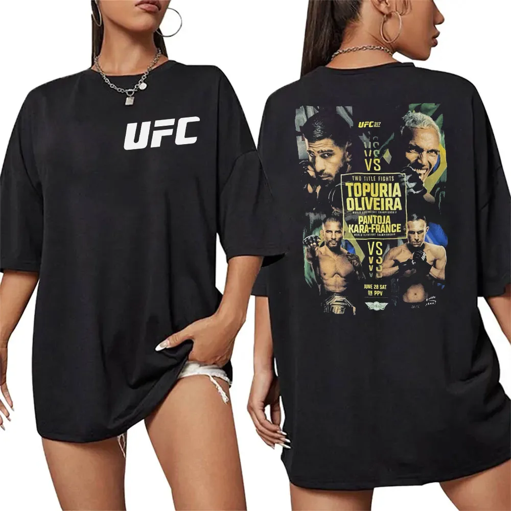 2026 الصيف UFC Topuria مقابل Oliveira Pantoja القتال تي شيرت المرأة الرياضية القطن قصير الأكمام فضفاضة الترفيه قميص لياقة بدنية للجنسين