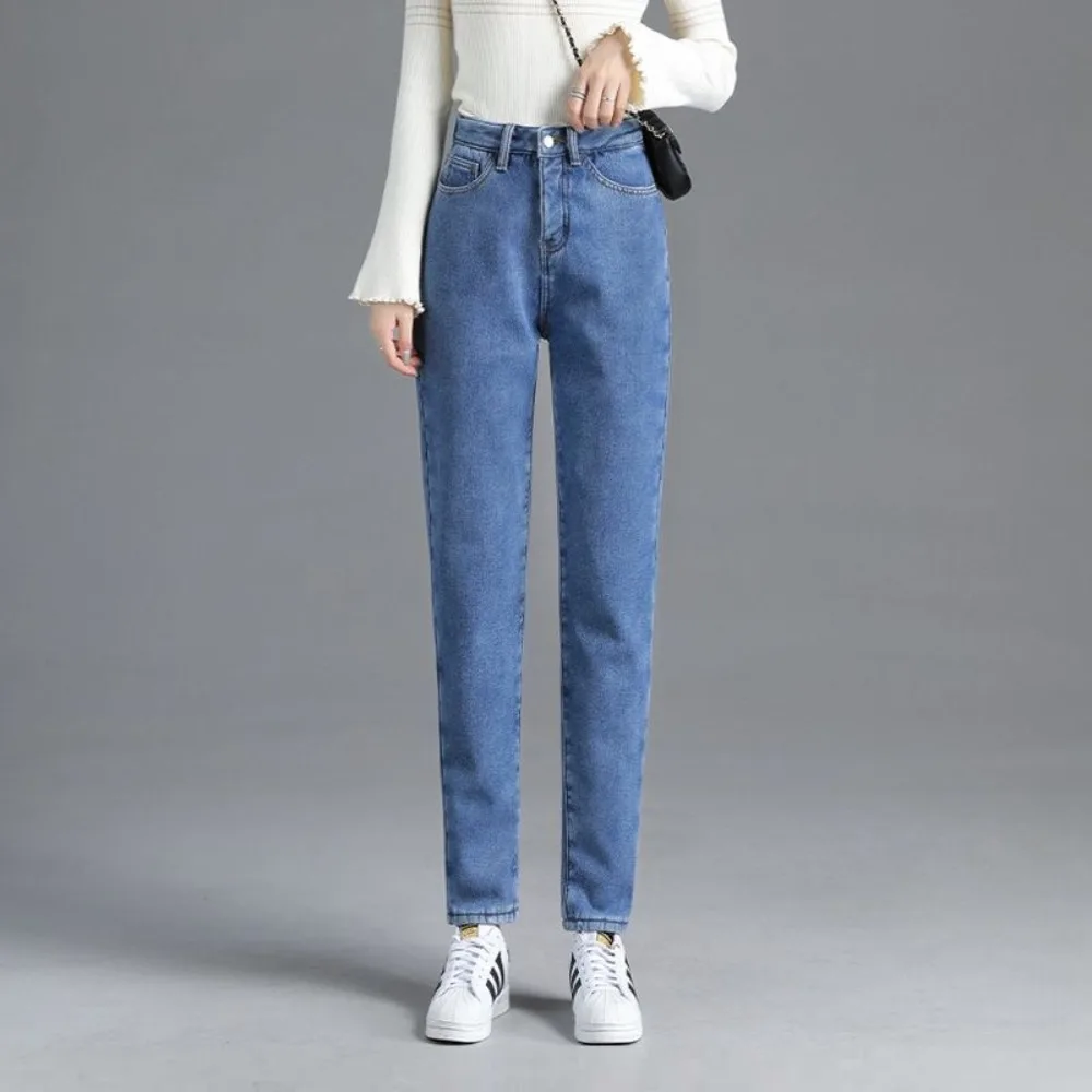 

Зимние бархатные теплые женские джинсы, модные мешковатые повседневные брюки на пуговицах, офисные женские джинсовые брюки с высокой талией, женская одежда