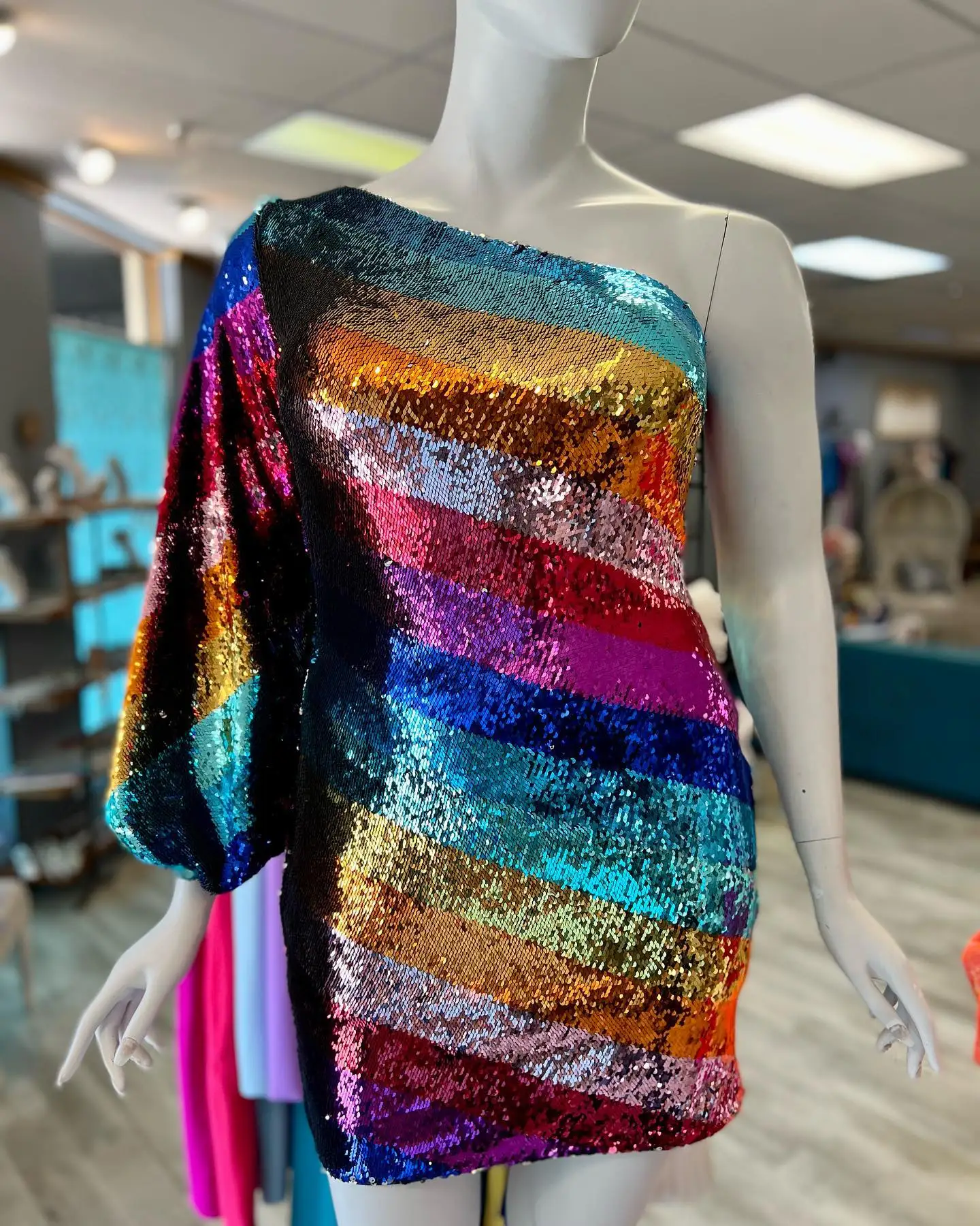 Multicolor Cocktail NYE Dress 2023 One Long Sleeve Rainbow Sequins Lady Formal Event Mini Party Gown Club Night Out Hoco Gala