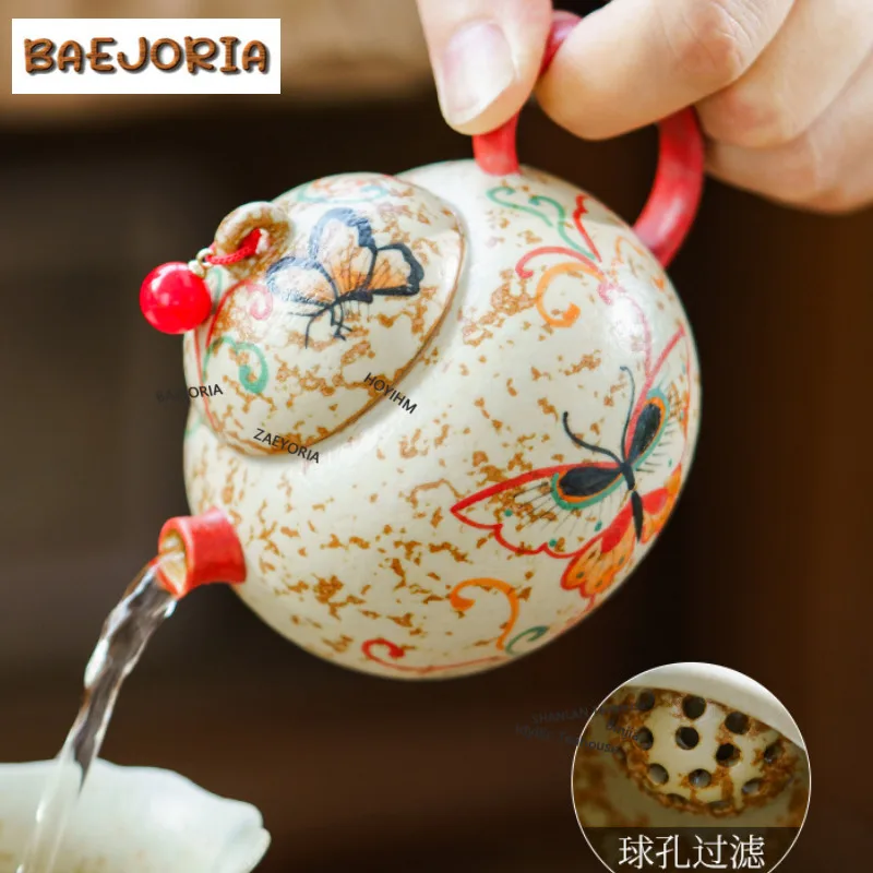 Tetera de 140ml pintada a mano con diseño de mariposa de Dunhuang, tetera artesanal con infusor y orificio para bola, para té Oolong, artesanía para el preparado de té