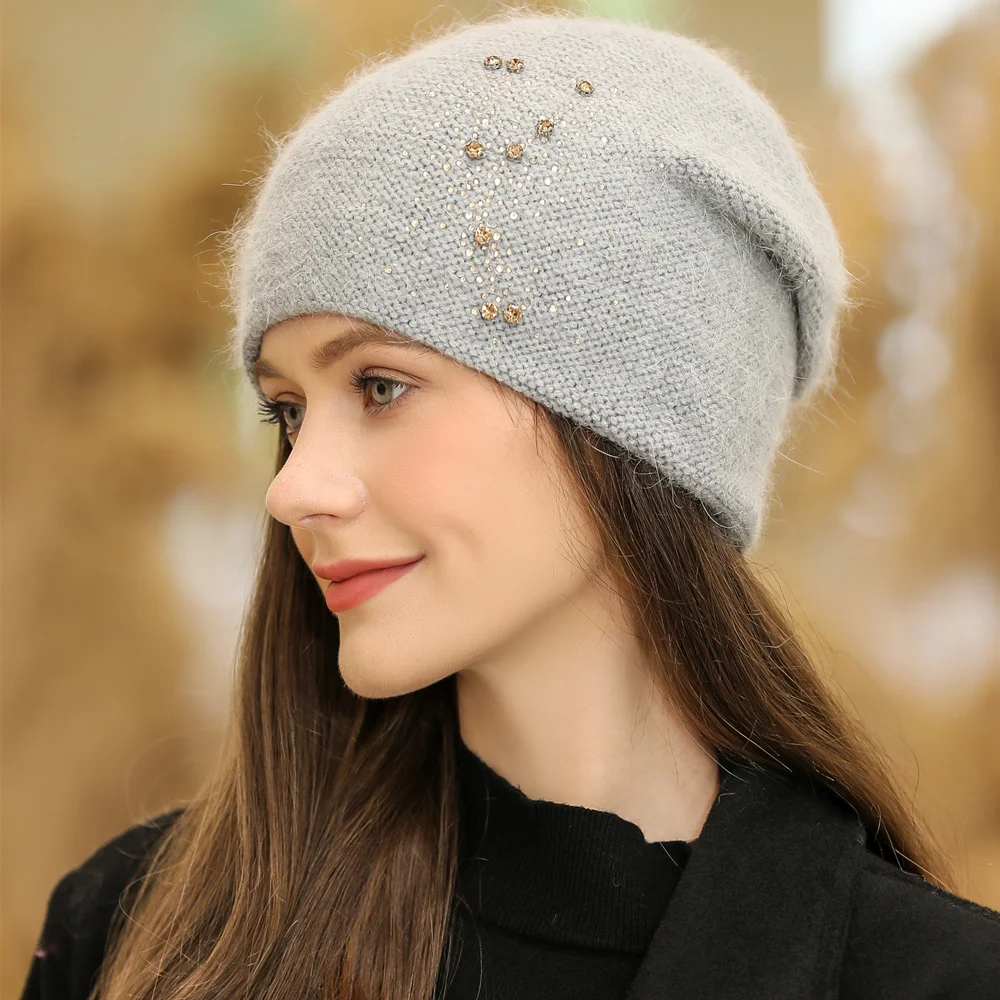 New Women Winter Hat Fashion Decorate Beanie Hat Rabbit Fur Blend Warm Winter Cap For Female Casual Streetwear Knitted Hat