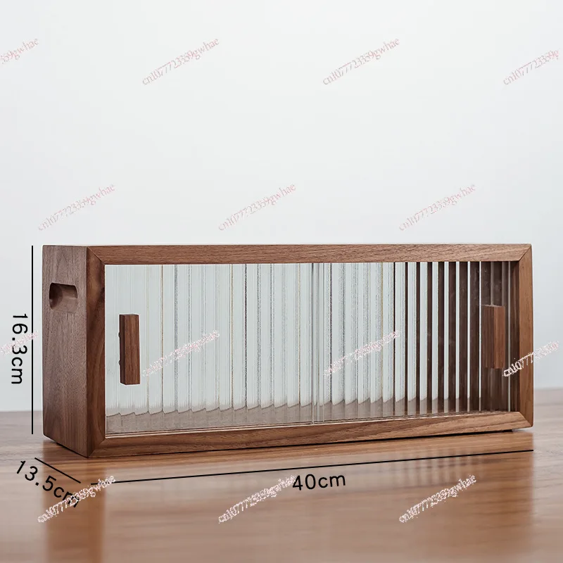 Solid wood desktop storage box, dust-proof water cup storage cabinet, black walnut.
