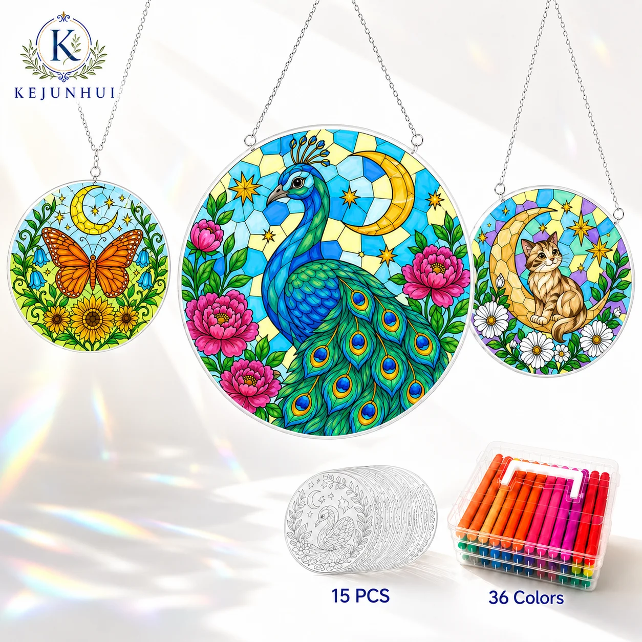 15pcs-diy-acrylic-suncatcher-craft-kit-with-36-colors-paint-markers-round-stained-glass-painting-set-for-window-wall-garden-hom