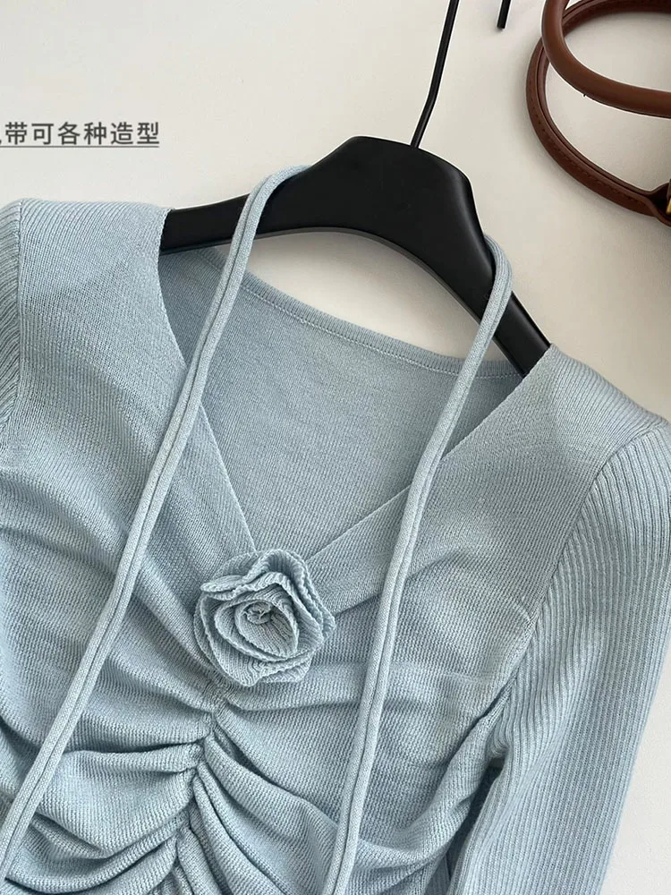 French Sweet Women Sweater V-Neck Long Sleeve Slim Cardigan Elegant Fashion Solid Pullover Split Hem Spring Summer High Quality