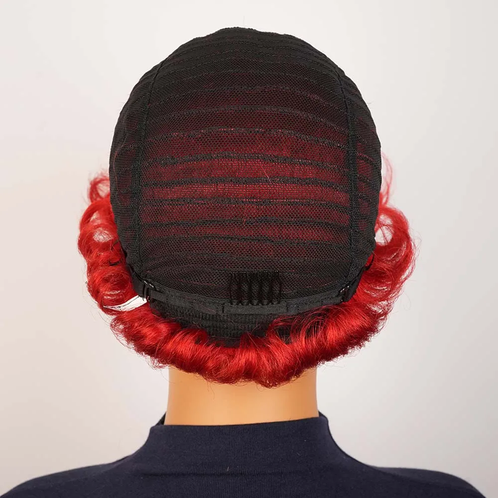 شعر مستعار أحمر قصير الطبقات بقص عابث للنساء ذوات البشرة السمراء، شعر بشري ريمي مستقيم مصنوع آليًا مع غرة للاستخدام اليومي