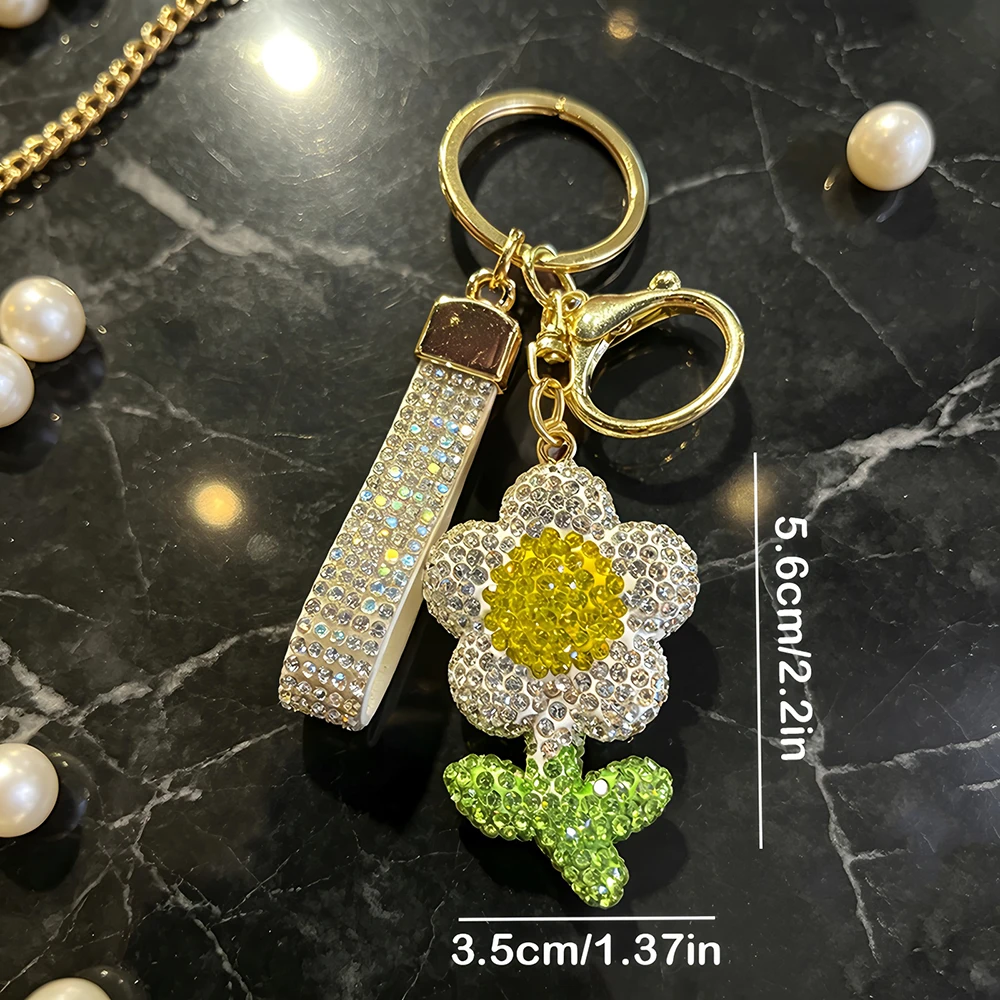 Full Rhinestone Flower Keychain with Colorful Diamond Wrist Strap, Dopamine, Key Bag Charm, Romantic Gift for Girls